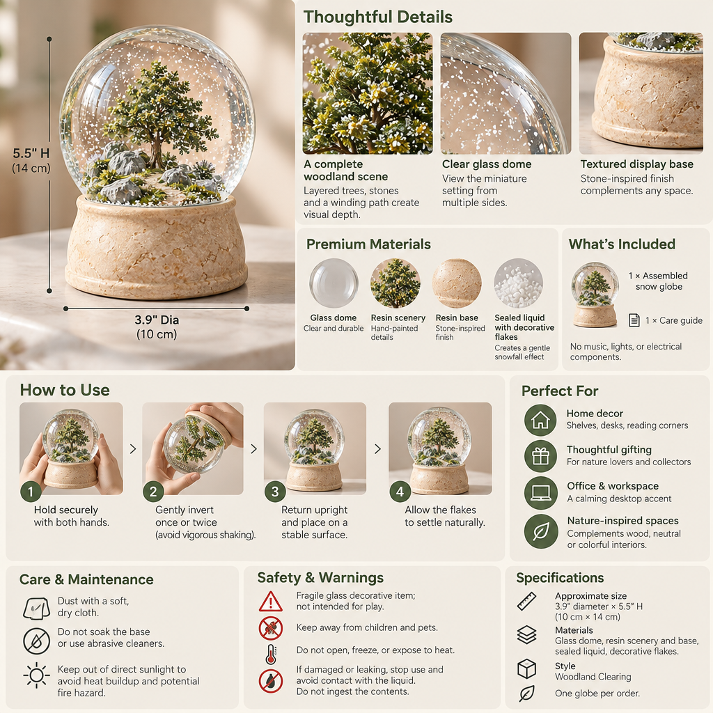 AVELORAF™ Stillwood Snow Globe — Woodland Glass Water Globe, Shake-to-Snow Shelf Accent & Nature-Inspired Decor