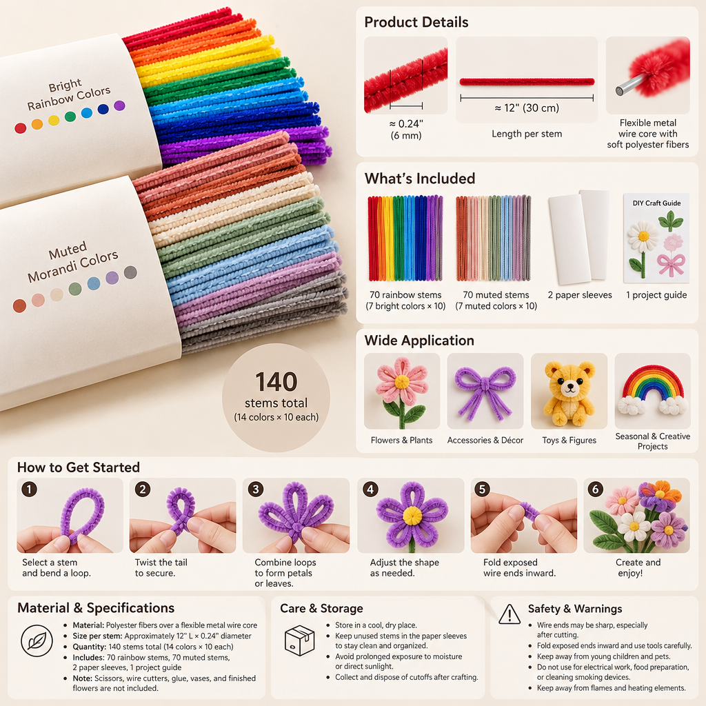 AVELORAF™ Colorfield Chenille Stem Set — 140 Pipe Cleaners, 14 Rainbow & Muted Colors, DIY Flower and Craft Supplies