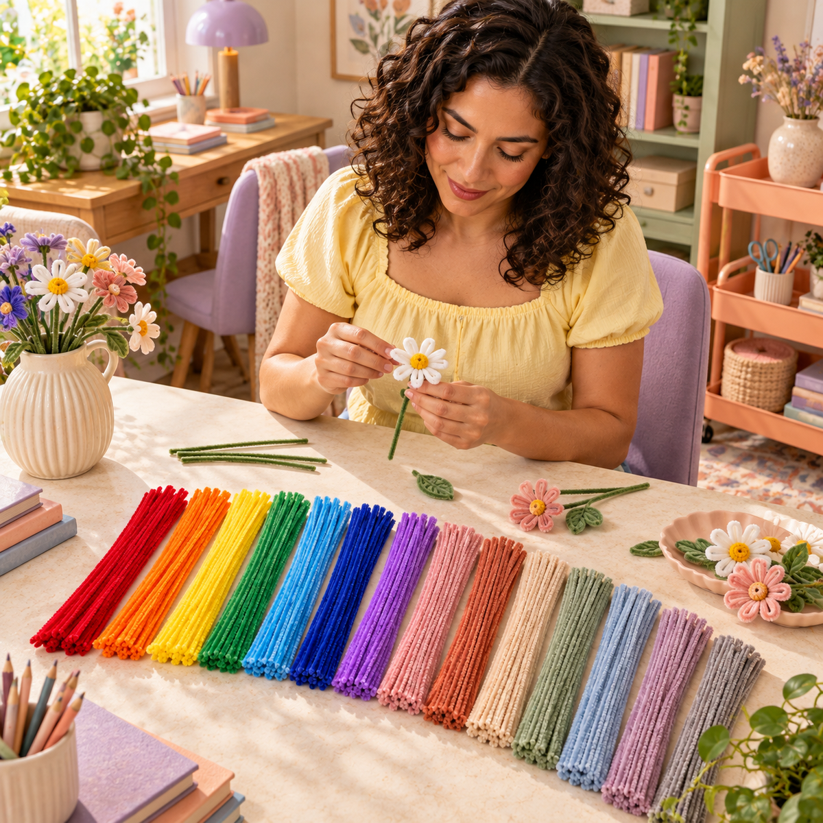 AVELORAF™ Colorfield Chenille Stem Set — 140 Pipe Cleaners, 14 Rainbow & Muted Colors, DIY Flower and Craft Supplies