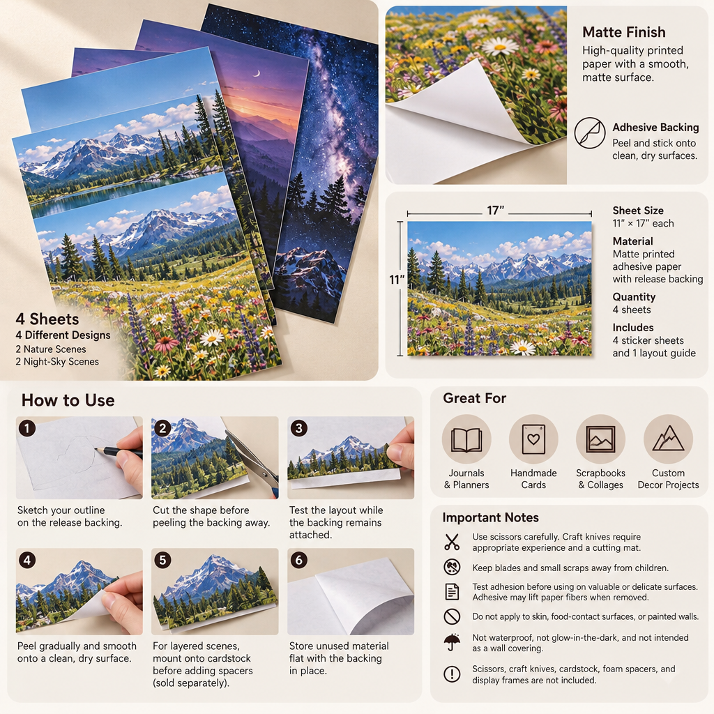 AVELORAF™ Skyfold Scenic Sticker Sheets — Large-Format Cut-Your-Own Landscape & Night-Sky Journal Collage Kit