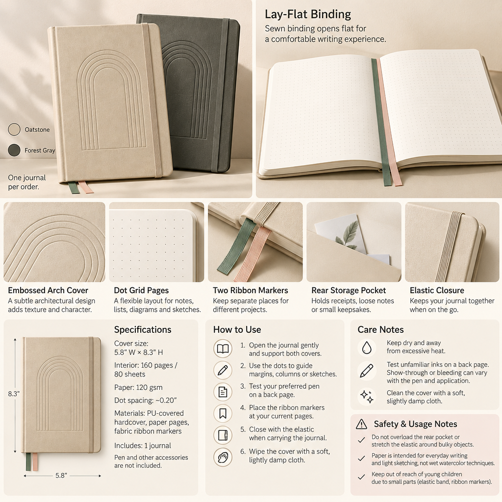 AVELORAF™ Arcfolio Hardcover Dot Grid Journal — 160 Pages, Lay-Flat Notebook & Embossed Arch Cover