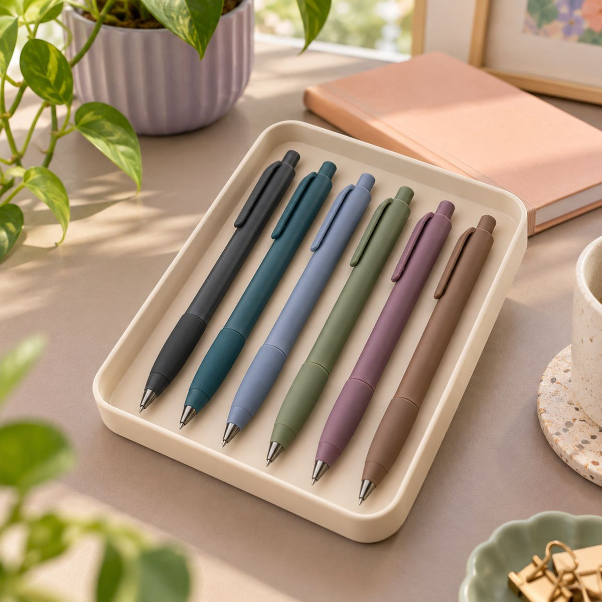 AVELORAF™ Softline Retractable Gel Pen Set — 6 Muted Ink Colors, 0.5 mm Fine Point & Rounded Comfort Grip