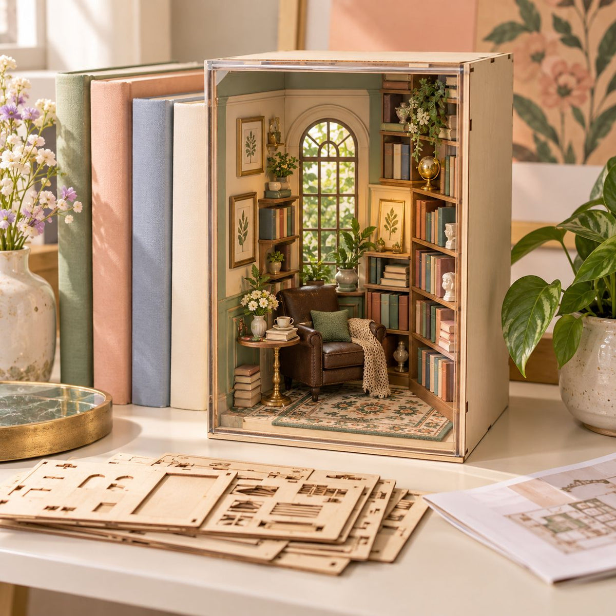 AVELORAF™ Windowlight Reading Room — DIY Miniature Book Nook Kit, Layered Library Scene & Display Dust Cover