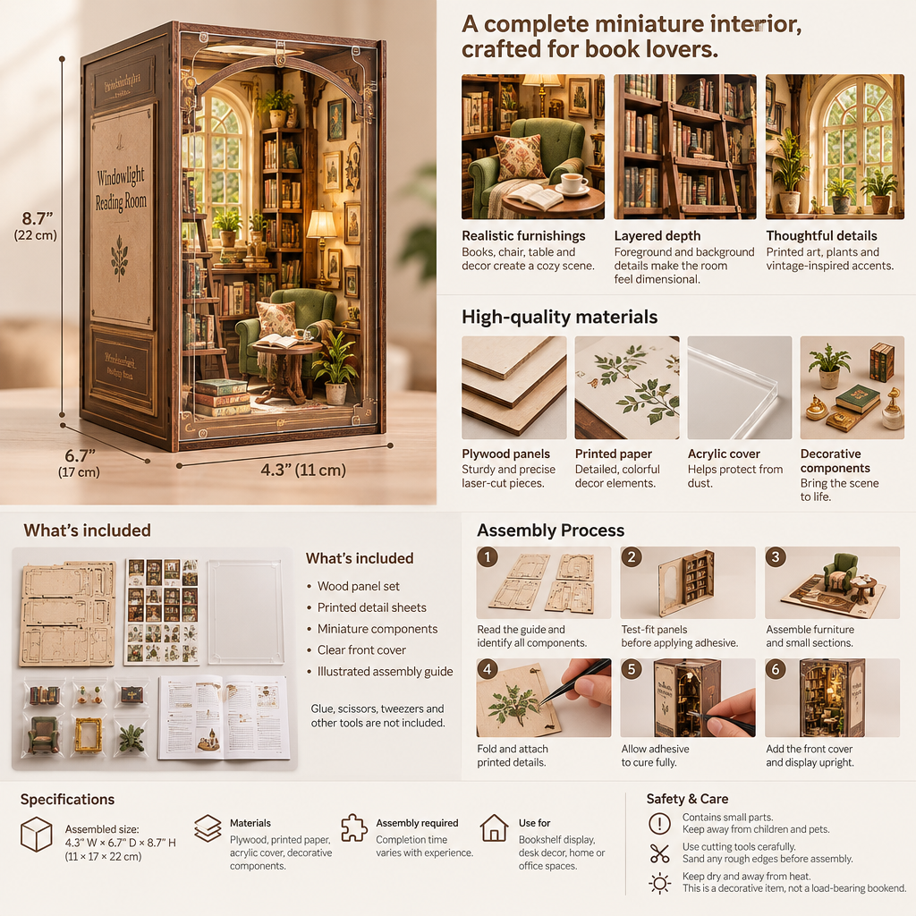 AVELORAF™ Windowlight Reading Room — DIY Miniature Book Nook Kit, Layered Library Scene & Display Dust Cover