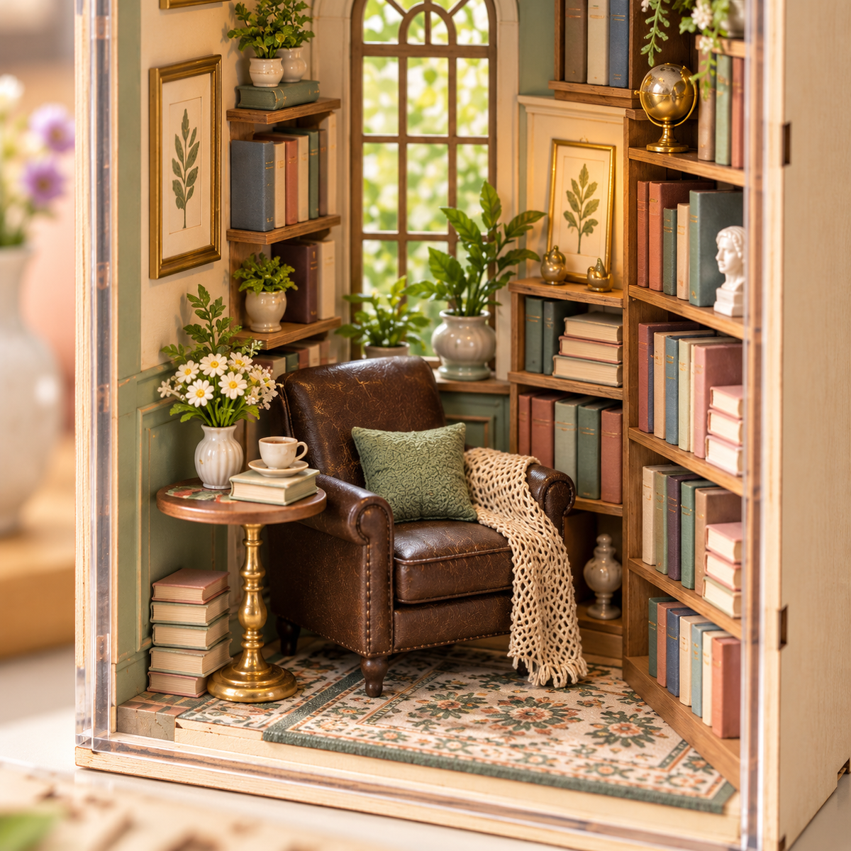 AVELORAF™ Windowlight Reading Room — DIY Miniature Book Nook Kit, Layered Library Scene & Display Dust Cover