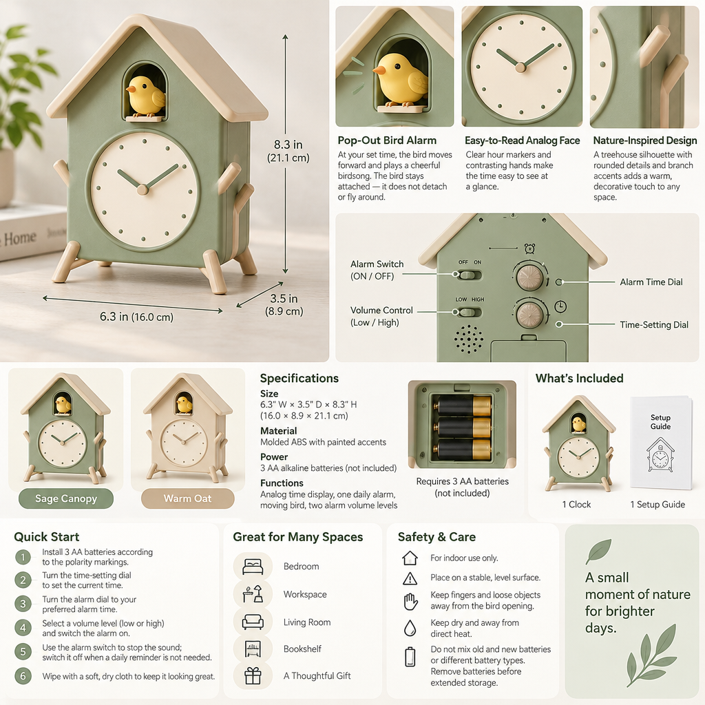 AVELORAF™ Canopy Chirp Treehouse Alarm Clock — Pop-Out Bird, Adjustable Daily Alarm & Nature-Inspired Desk Decor