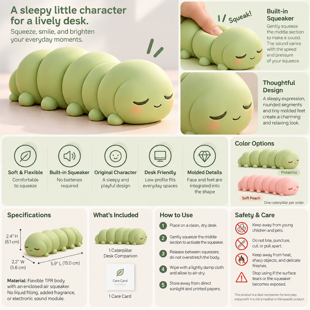 AVELORAF™ Dozy Loop Caterpillar — Soft Squeeze Desk Companion, Built-In Squeaker & Playful Shelf Decor