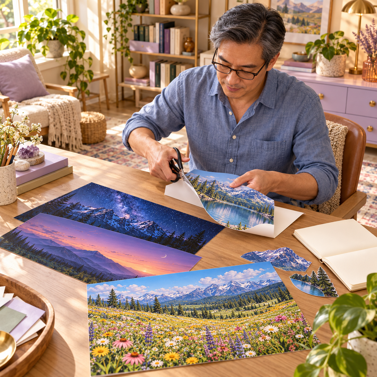 AVELORAF™ Skyfold Scenic Sticker Sheets — Large-Format Cut-Your-Own Landscape & Night-Sky Journal Collage Kit