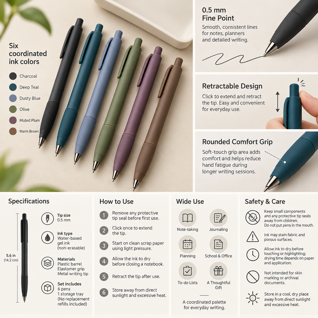 AVELORAF™ Softline Retractable Gel Pen Set — 6 Muted Ink Colors, 0.5 mm Fine Point & Rounded Comfort Grip