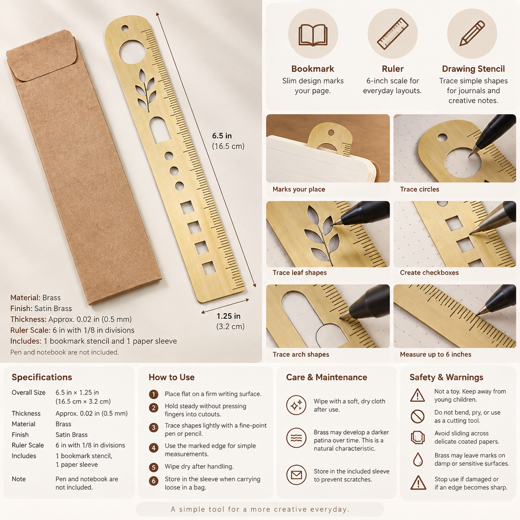 AVELORAF™ Fieldmark Brass Bookmark Stencil — 6-Inch Ruler, Journal Drawing Template & Slim Page Marker