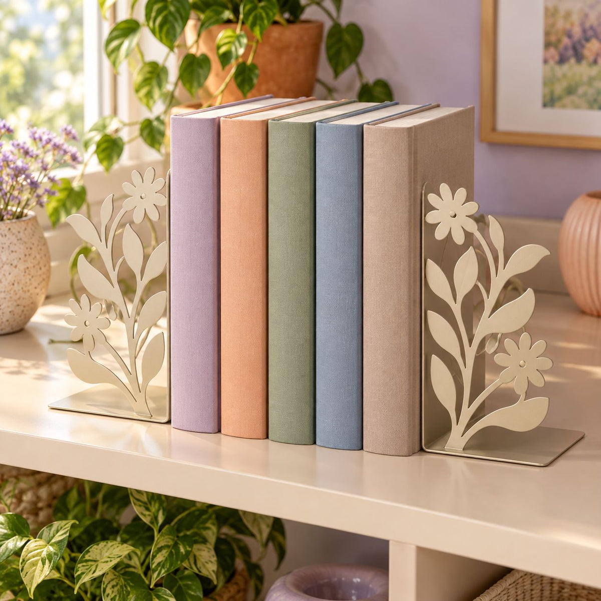 AVELORAF™ Meadowline Sculptural Bookends — Metal Botanical Book Supports, Set of 2 & Decorative Shelf Accents