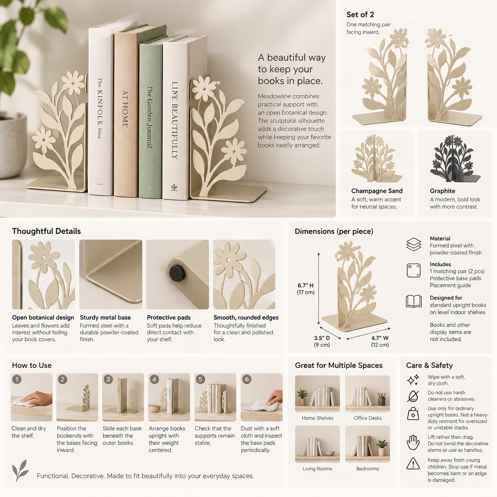 AVELORAF™ Meadowline Sculptural Bookends — Metal Botanical Book Supports, Set of 2 & Decorative Shelf Accents